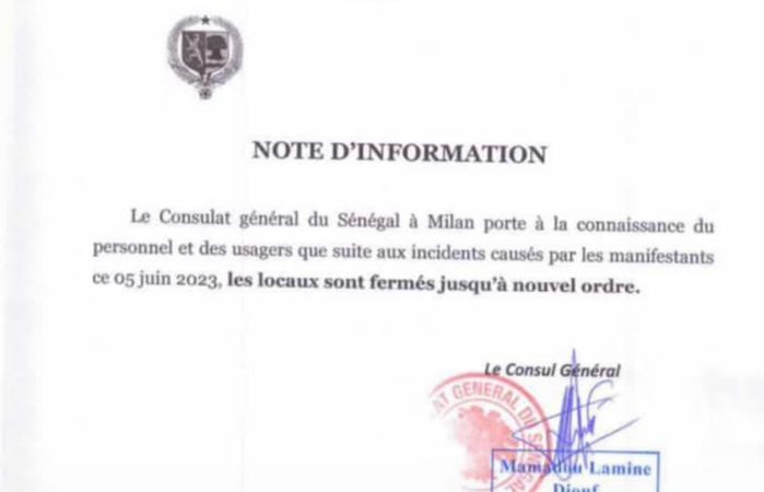 Italie : Le Consulat général du Sénégal à Milan ferme ses portes (Document)