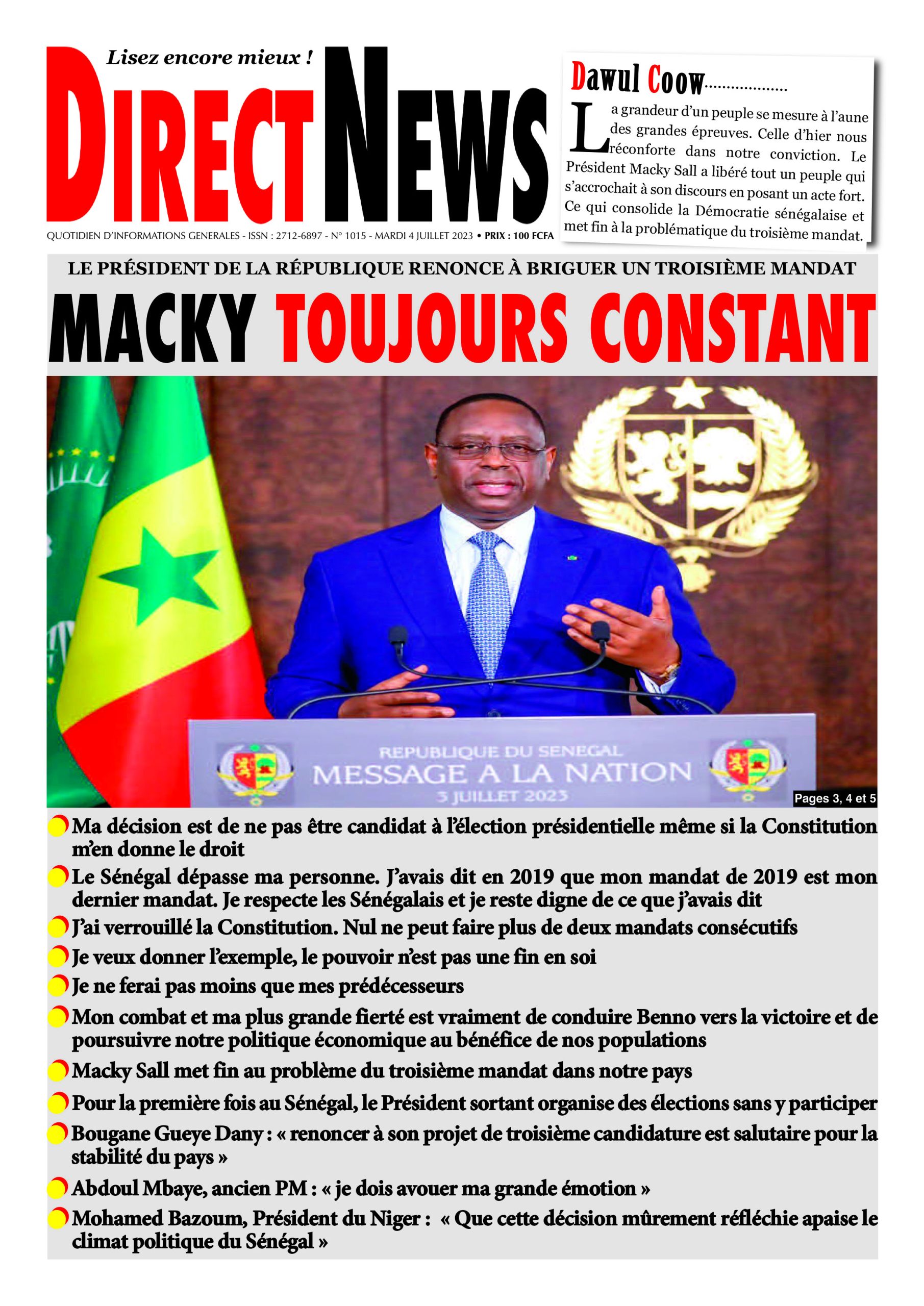 Revue de Directnews  de ce mardi 4 juillet 2023 avec Junior…