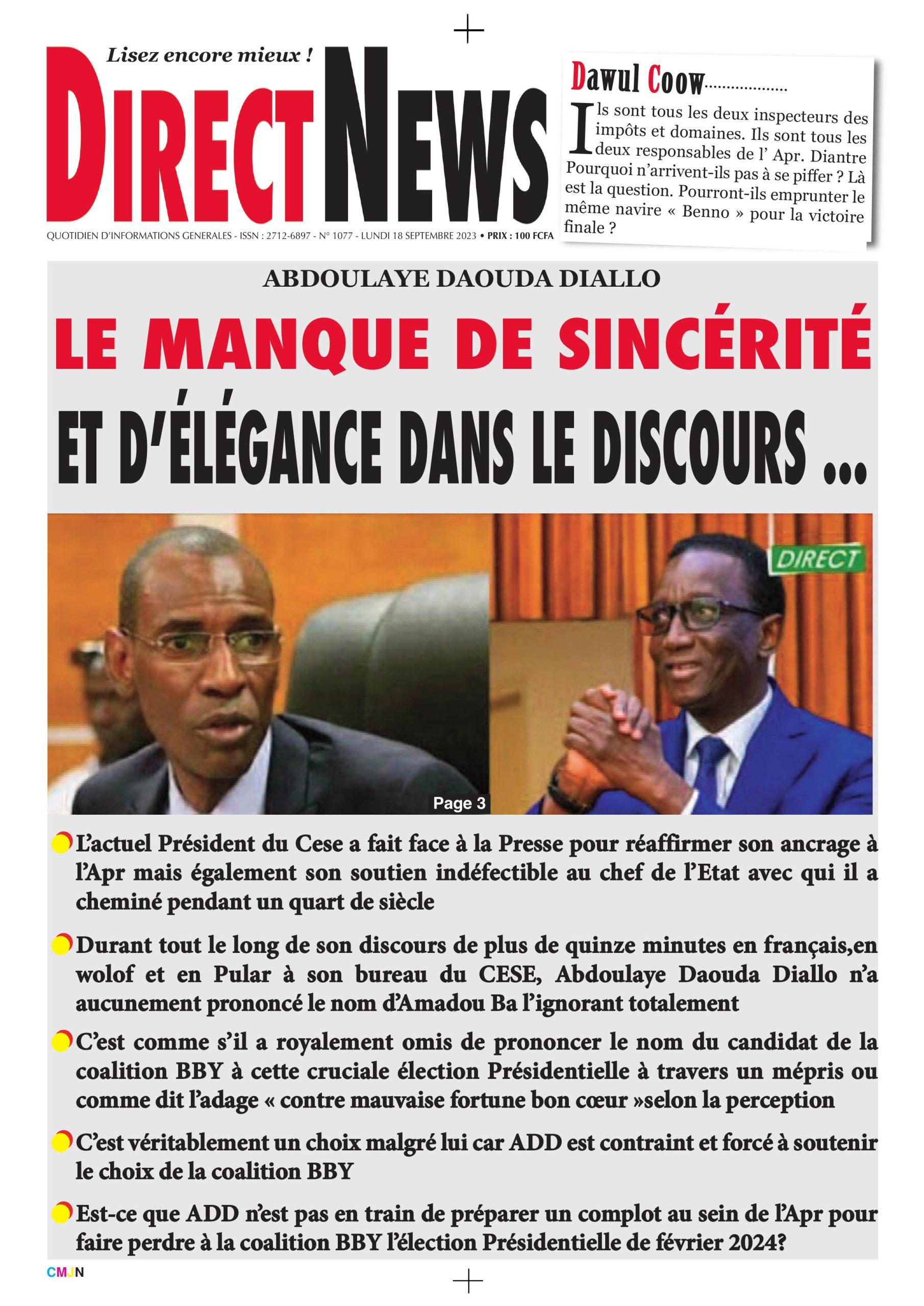 Revue de Directnews  de ce lundi 18 septembre 2023 avec Junior…