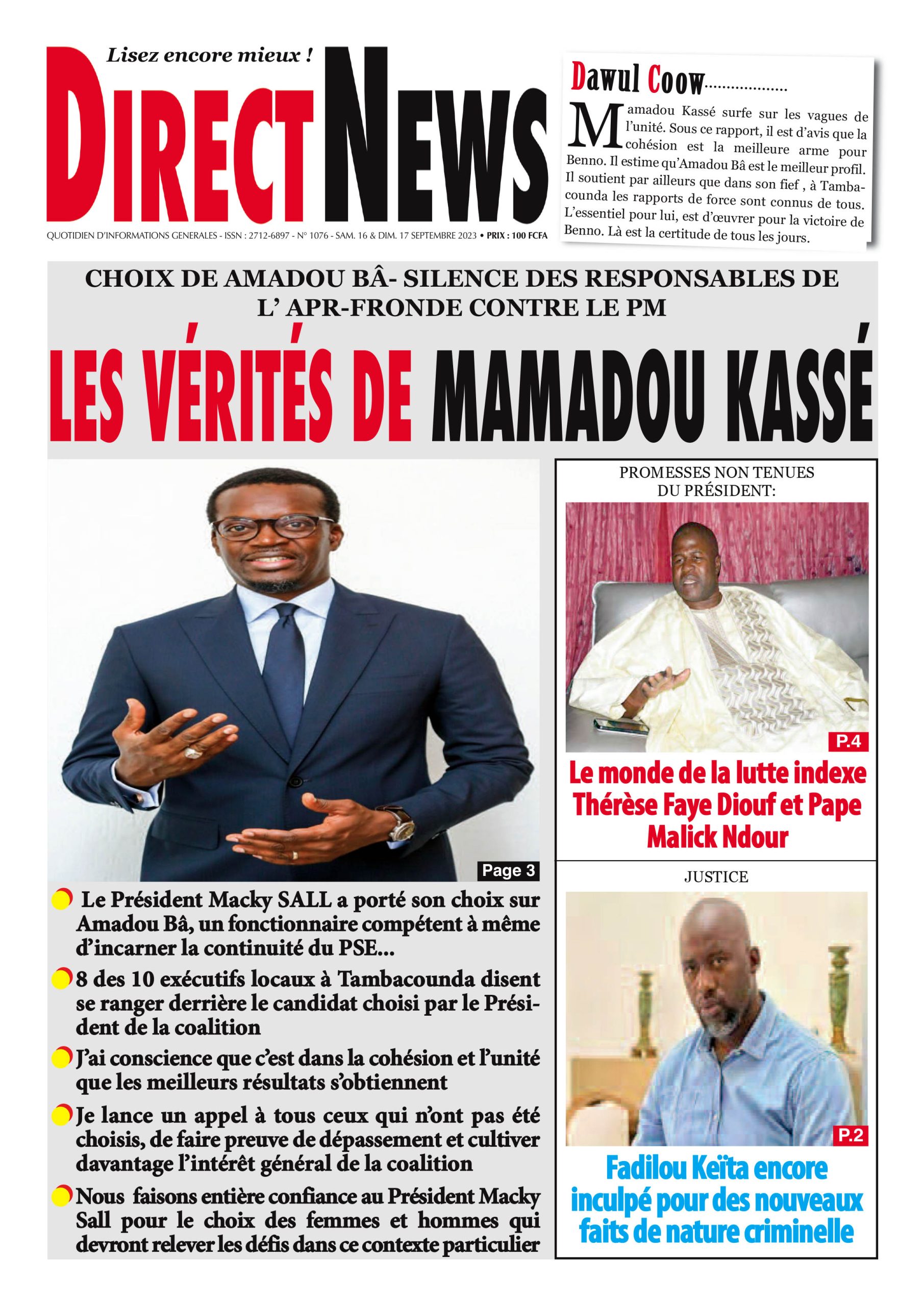 Revue de Directnews  de ce samedi 16 septembre 2023 avec Junior…