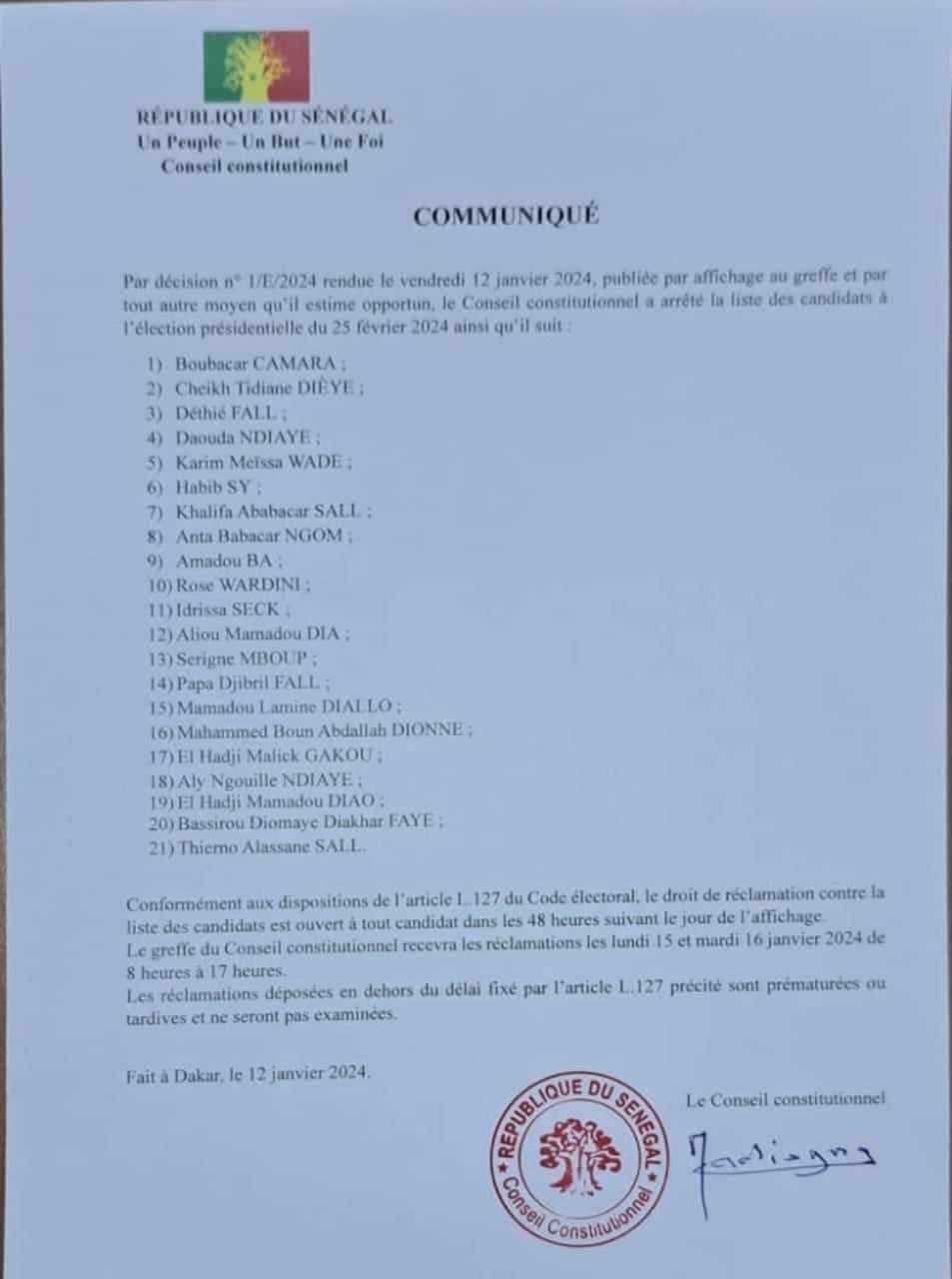 Présidentielle du 25 février 2024: le Conseil Constitutionnel publie la liste provisoire des candidats