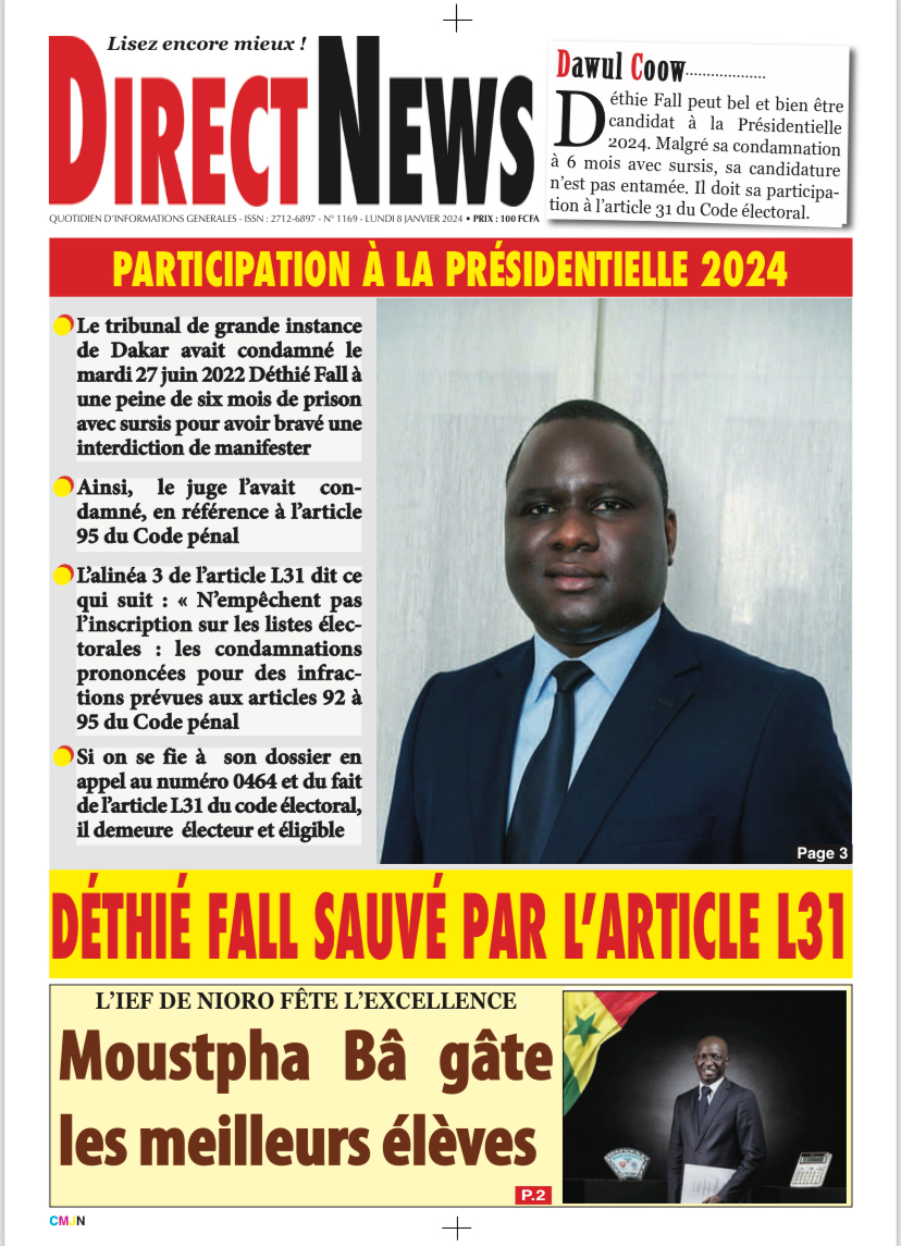 La Une du journal Directnews du Lundi 08 janvier 2024