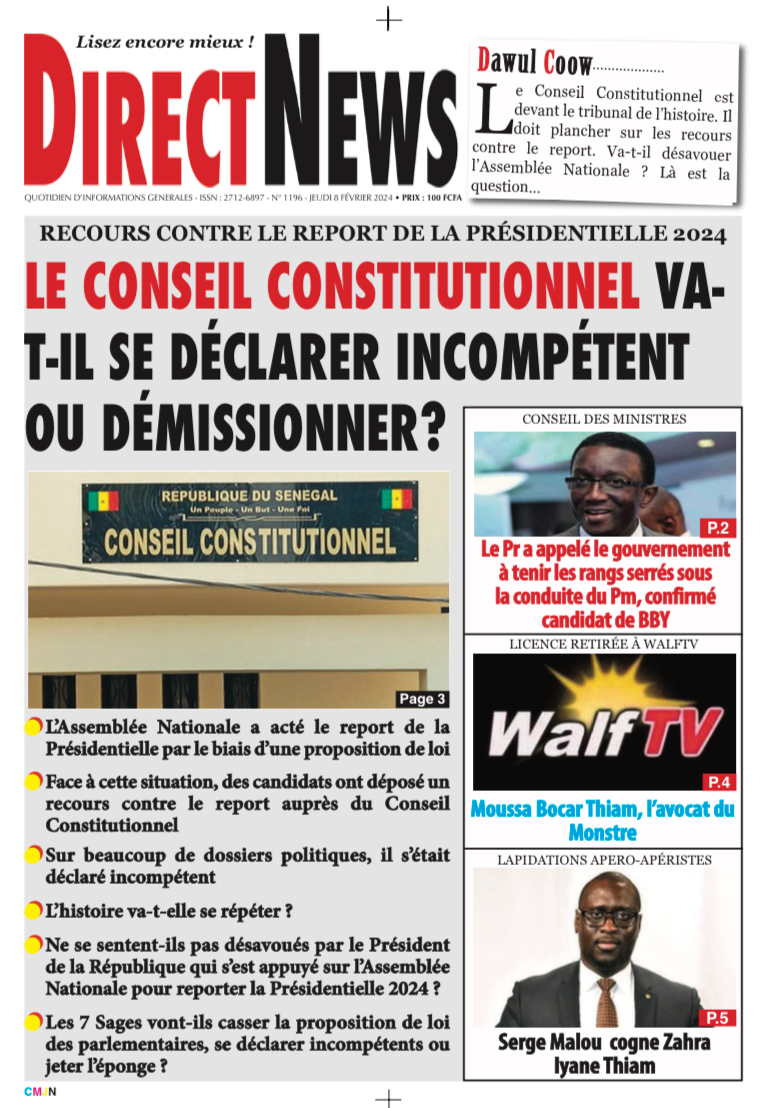 Une du journal Directnewsinfo du Jeudi 08 Février 2024