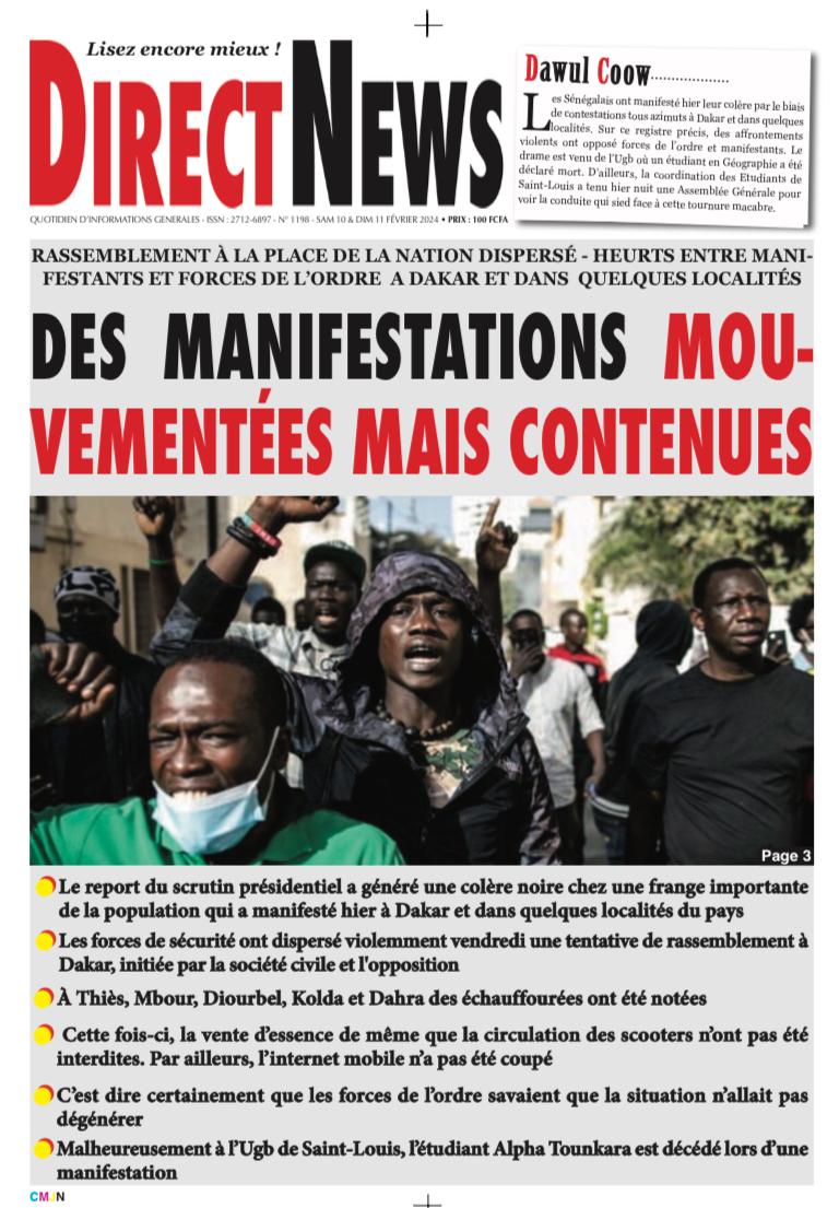 Une du journal Directnewsinfo du Samedi 10 février 2024