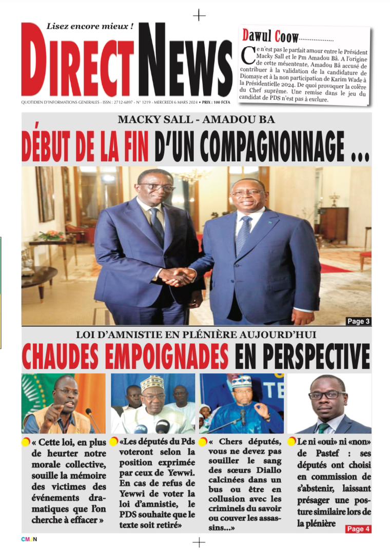 Une du journal Directnewsinfo du Mercredi 06 Mars 2024