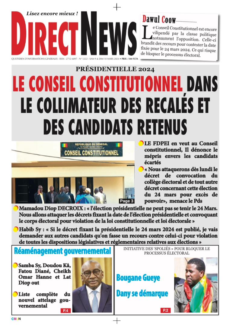 Une du journal Directnewsinfo du Samedi 09 Mars 2024