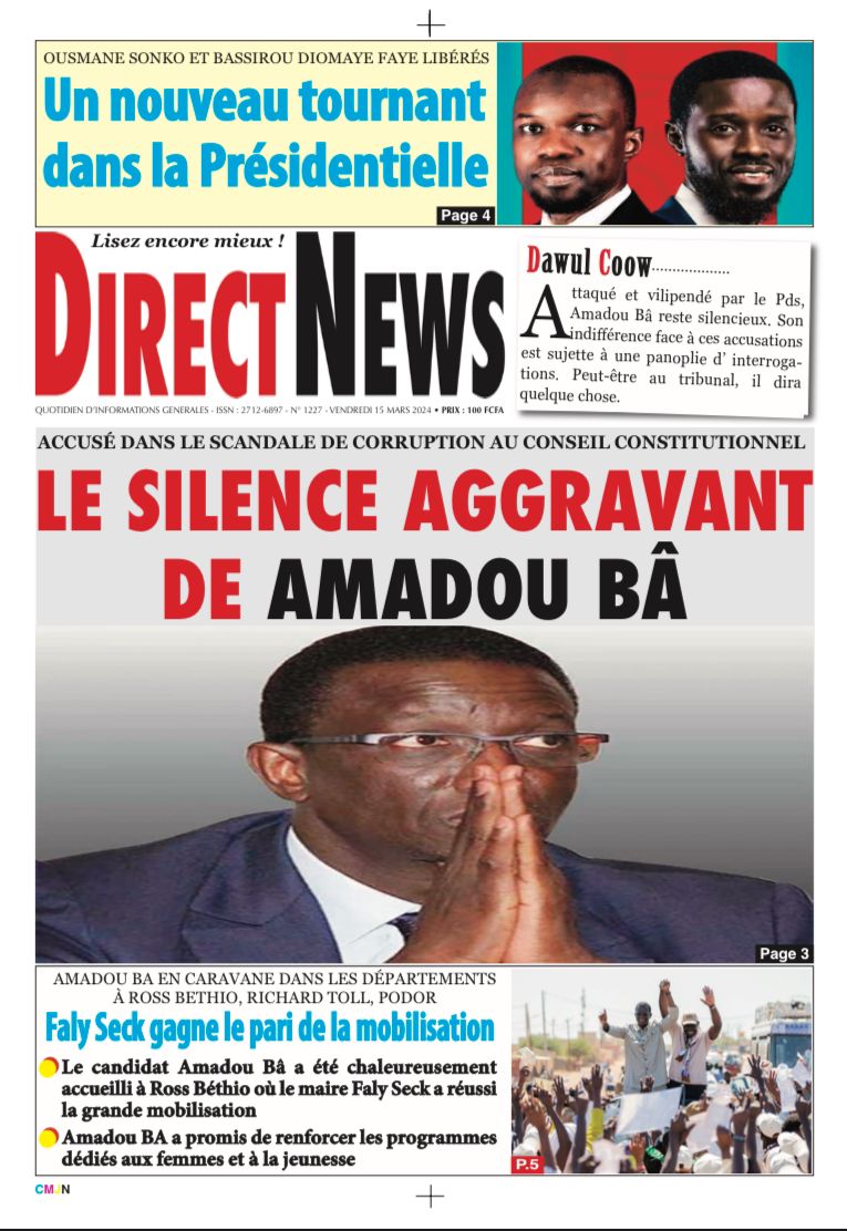 Une du journal Directnewsinfo du Vendredi 15 Mars 2024