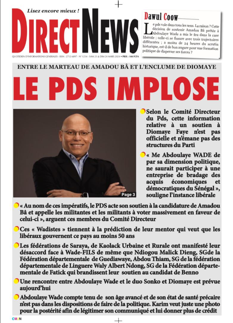 Une du journal Directnewsinfo du Samedi 23 Mars 2024