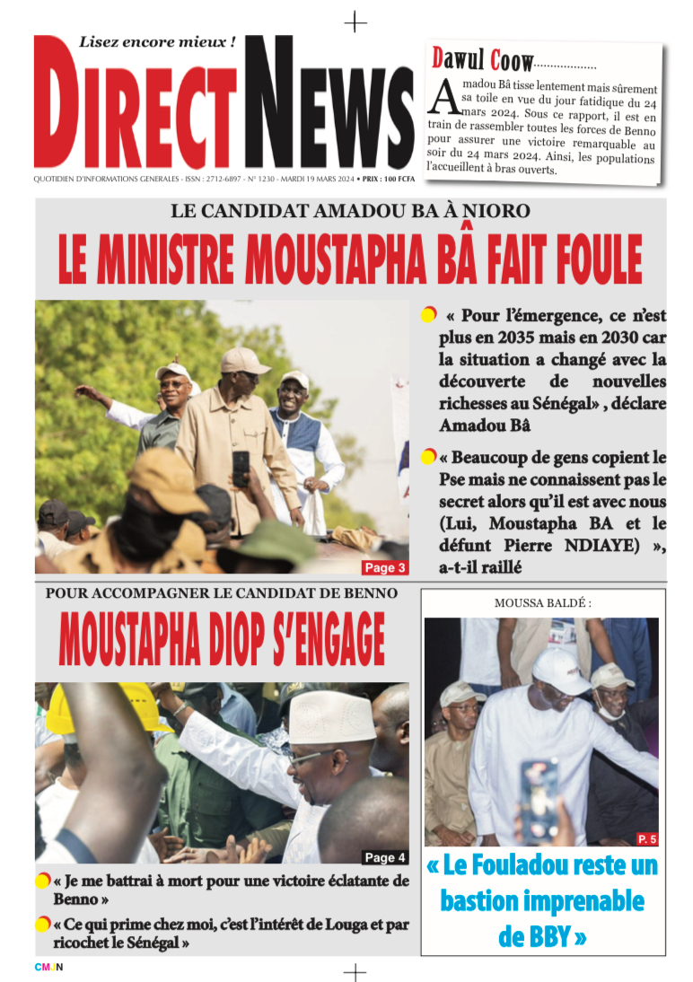 Une du journal Directnewsinfo du Mardi 19 Mars 2024