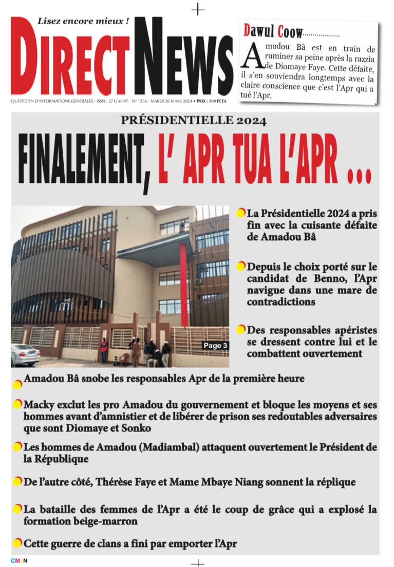 Une du journal Directnewsinfo du Mardi 26 Mars 2024