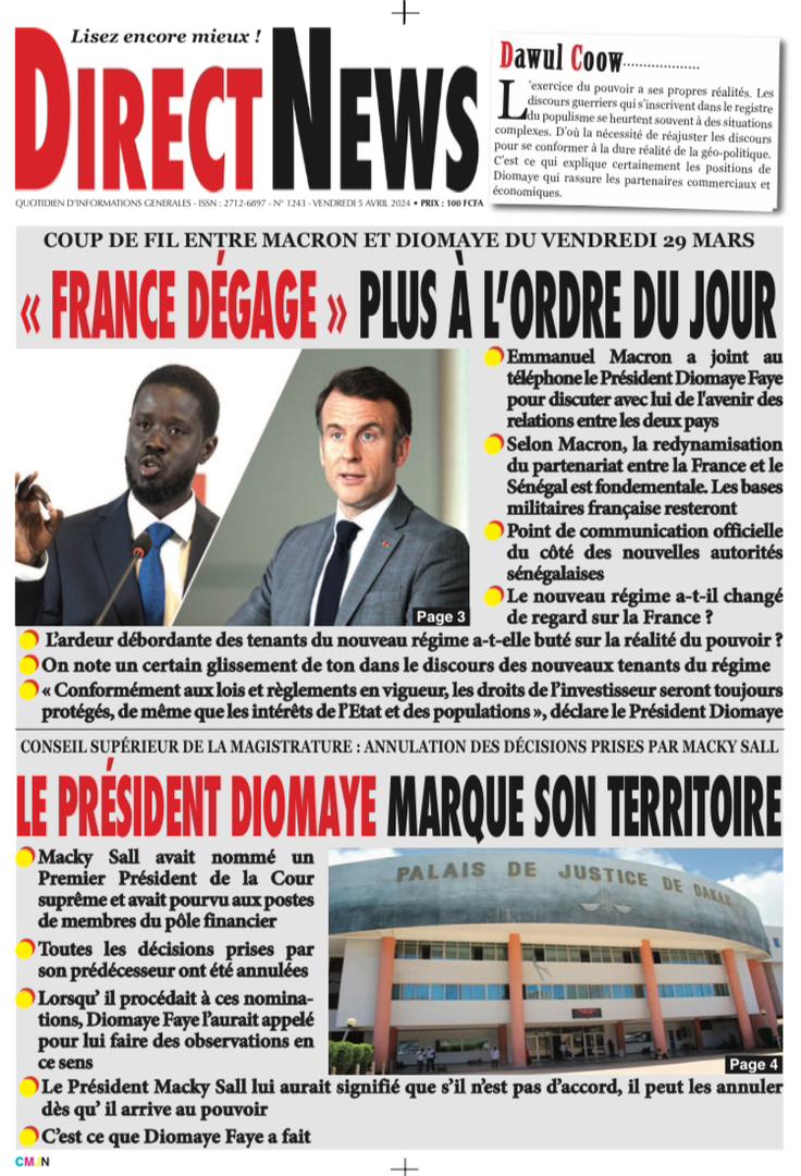 Une du journal Directnewsinfo du Vendredi 05 Avril 2024