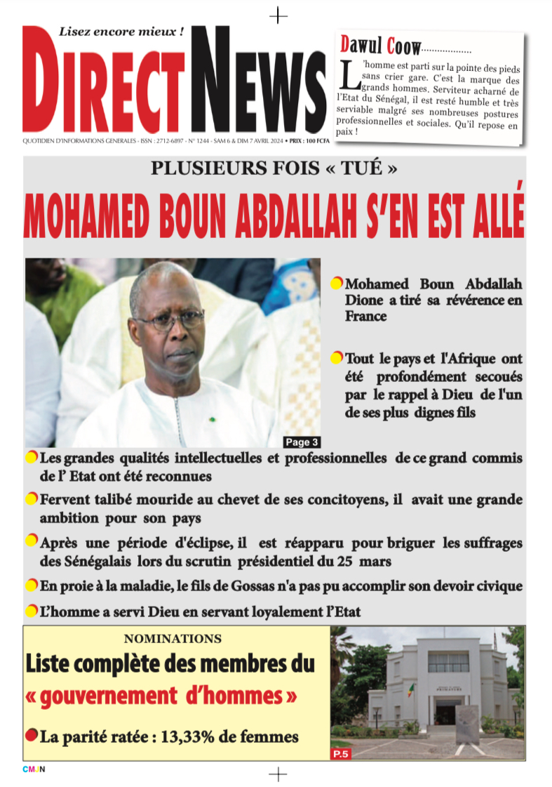 Une du journal Directnewsinfo du Samedi 06 Avril 2024