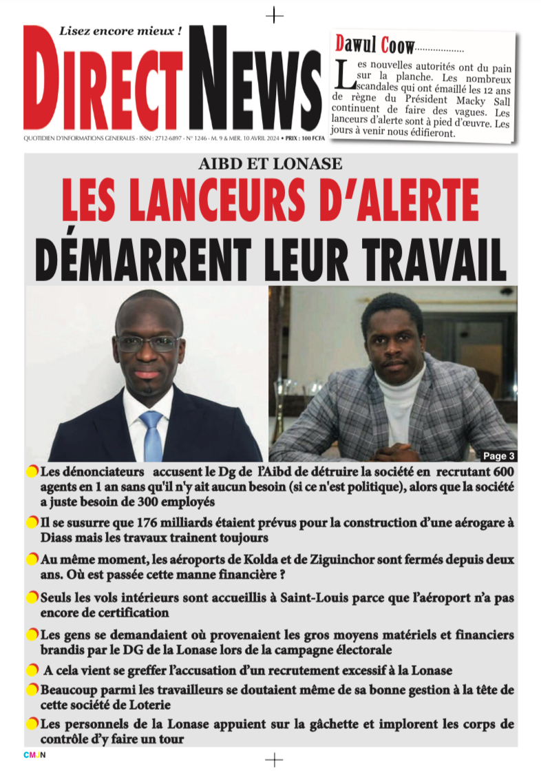 Une du journal Directnewsinfo du Mardi 09 Avril 2024