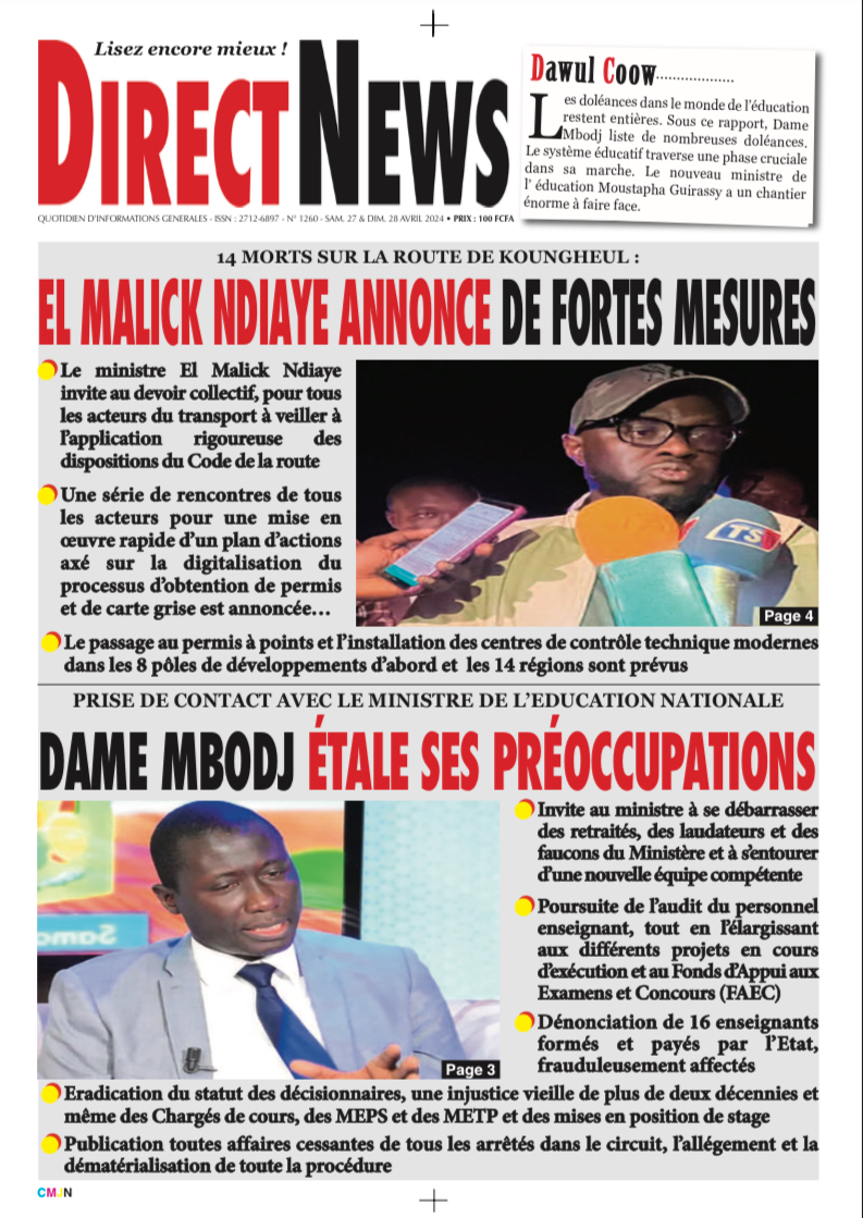 Une du journal Directnewsinfo du Samedi 27 Avril 2024