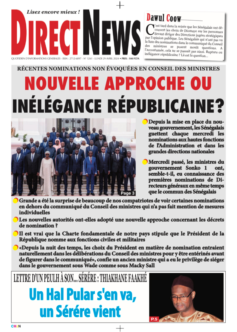 Une du journal Directnewsinfo du Lundi 29 Avril 2024