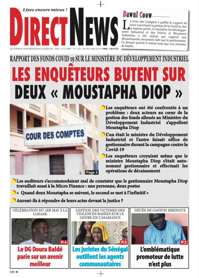 Une du journal Directnewsinfo du Jeudi 02 Mai 2024