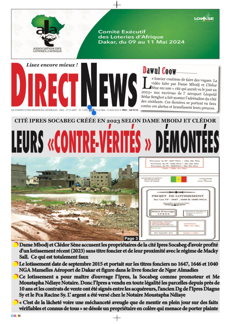 Une du journal Directnewsinfo du Samedi 11 Mai 2024