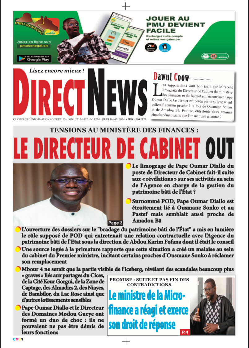 Une du journal Directnewsinfo du jeudi 16 Mai 2024