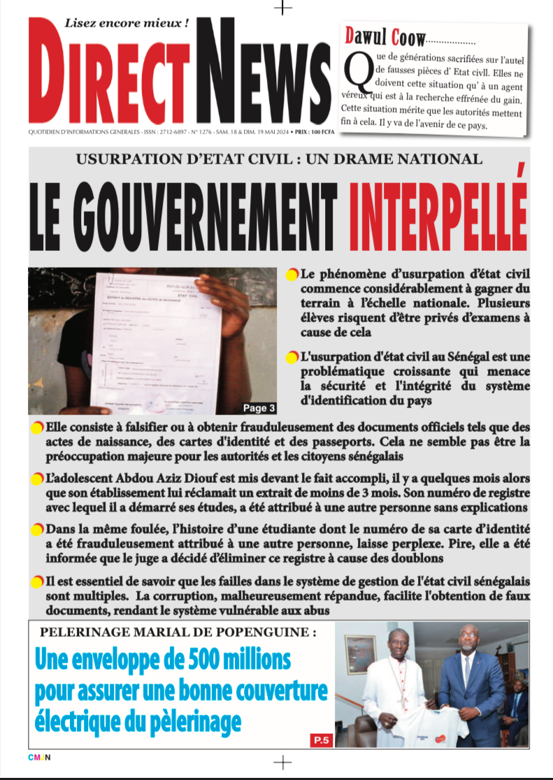 Une du journal Directnewsinfo du Samedi 18 Mai 2024