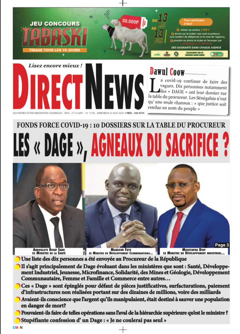 Une du journal Directnewsinfo du Mercredi 22 Mai 2024