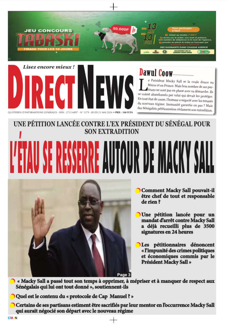 Une du journal Directnewsinfo du Jeudi 23 Mai 2024