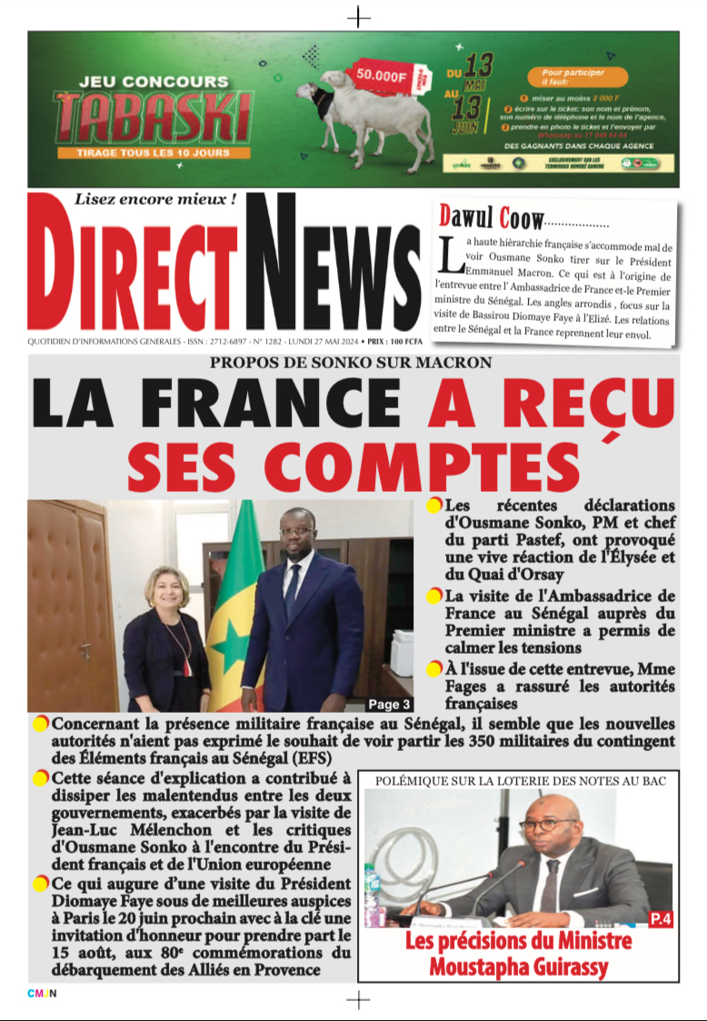 Une du journal Directnewsinfo du Lundi 27 Mai 2024