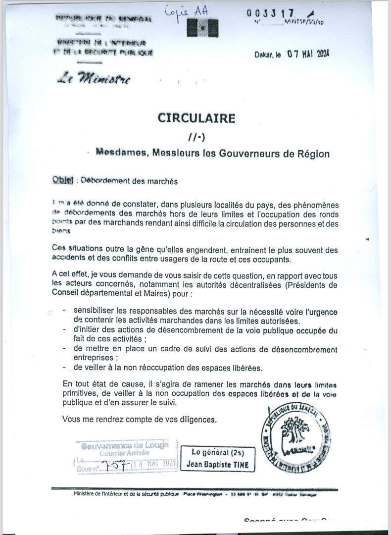 Vagues de déguerpissements : Voici la circulaire du ministère de l’Intérieur ordonnant les opérations (Document)