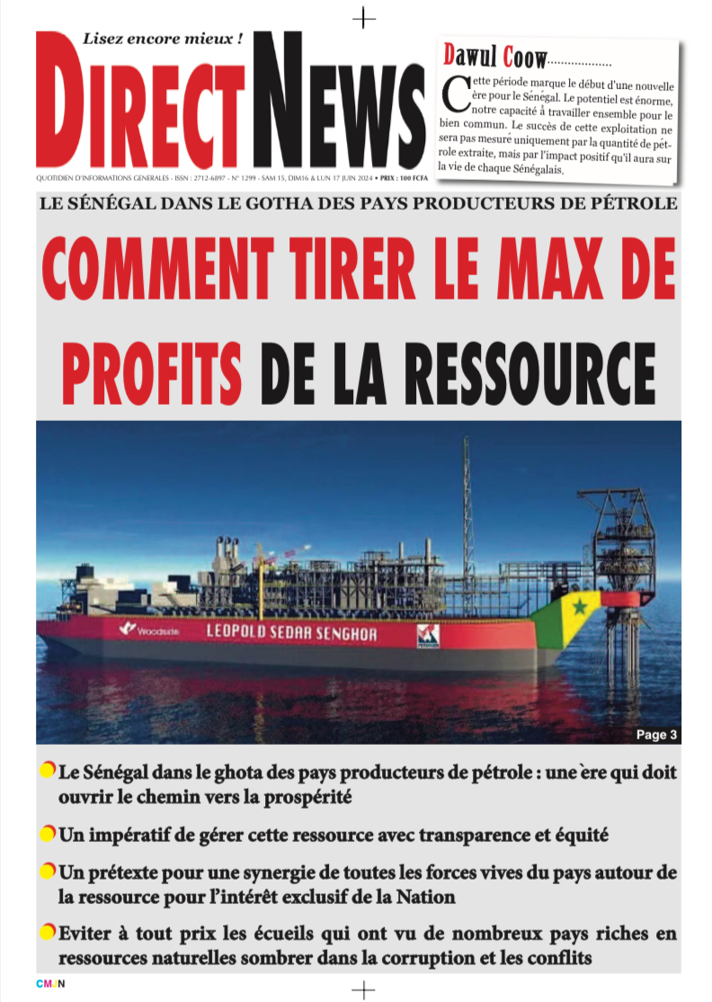 Une du journal Directnewsinfo du Samedi 15 Juin 2024