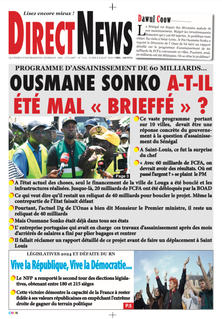 La revue  de Directnews de ce lundi 8 juillet 2024 avec Junior…