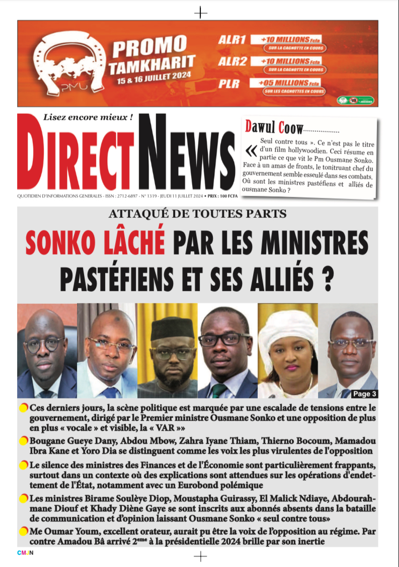 Une du journal Directnewsinfo du Jeudi 11 juillet 2024