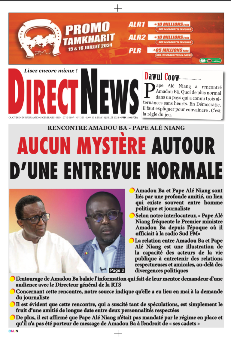 Une du journal Directnewsinfo du Samedi 13 et dimanche 14 Juillet 2024