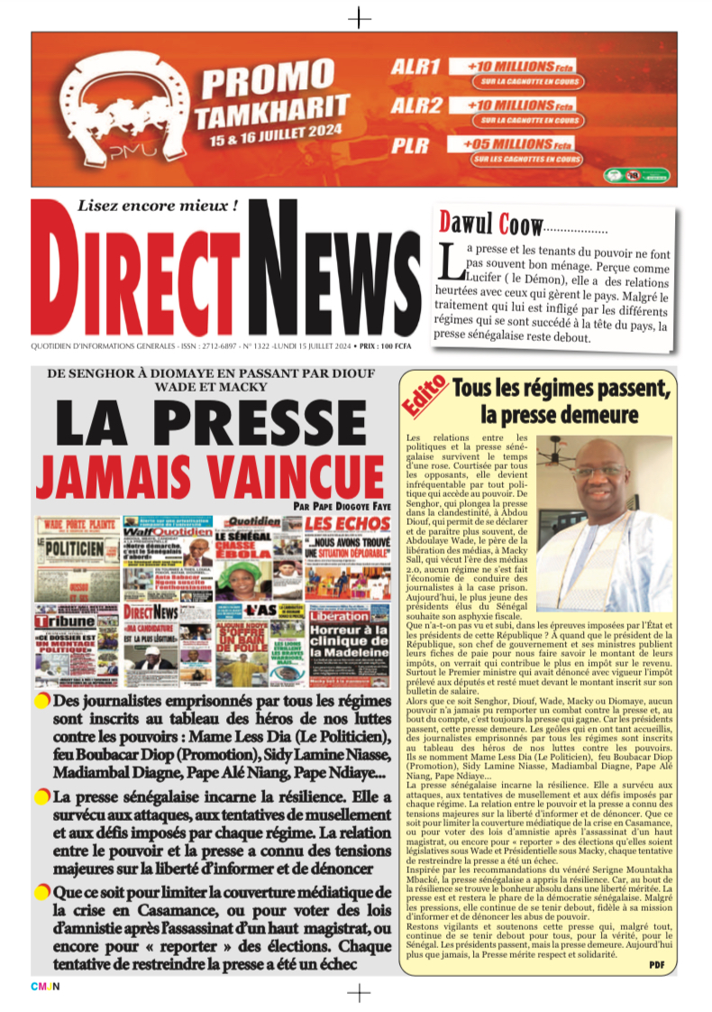 la revue  de Directnews de ce lundi 15 juillet 2024 avec Junior…