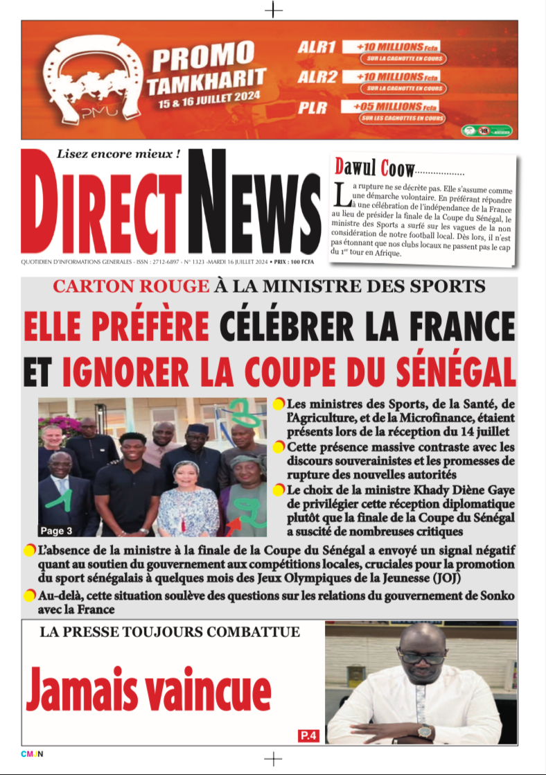 Une du journal Directnewsinfo du Mardi 16 juillet 2024