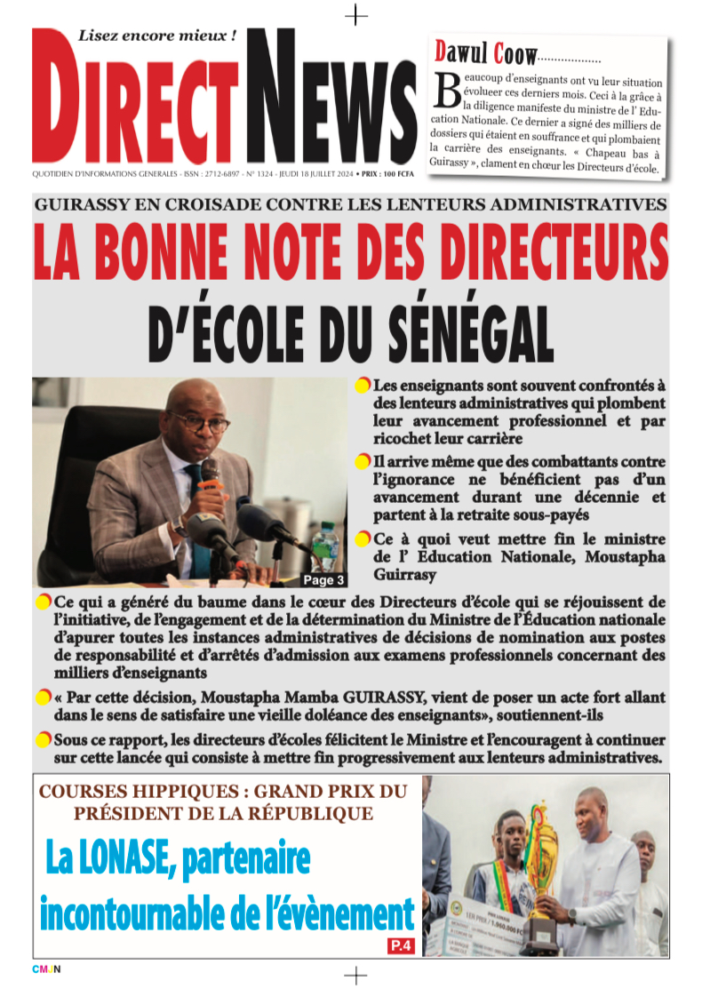 Une du journal Directnewsinfo du jeudi 18 juillet 2024