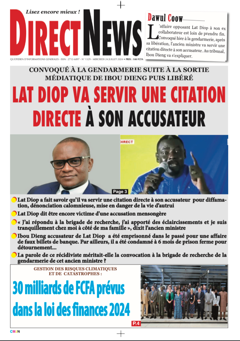 Une du journal Directnewsinfo du Mercredi 24 juillet 2024