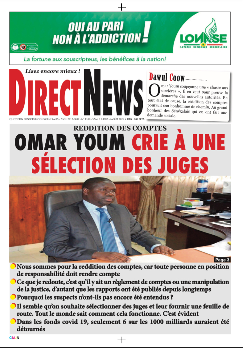 Une du journal Directnewsinfo du Samedi 03 Août 2024