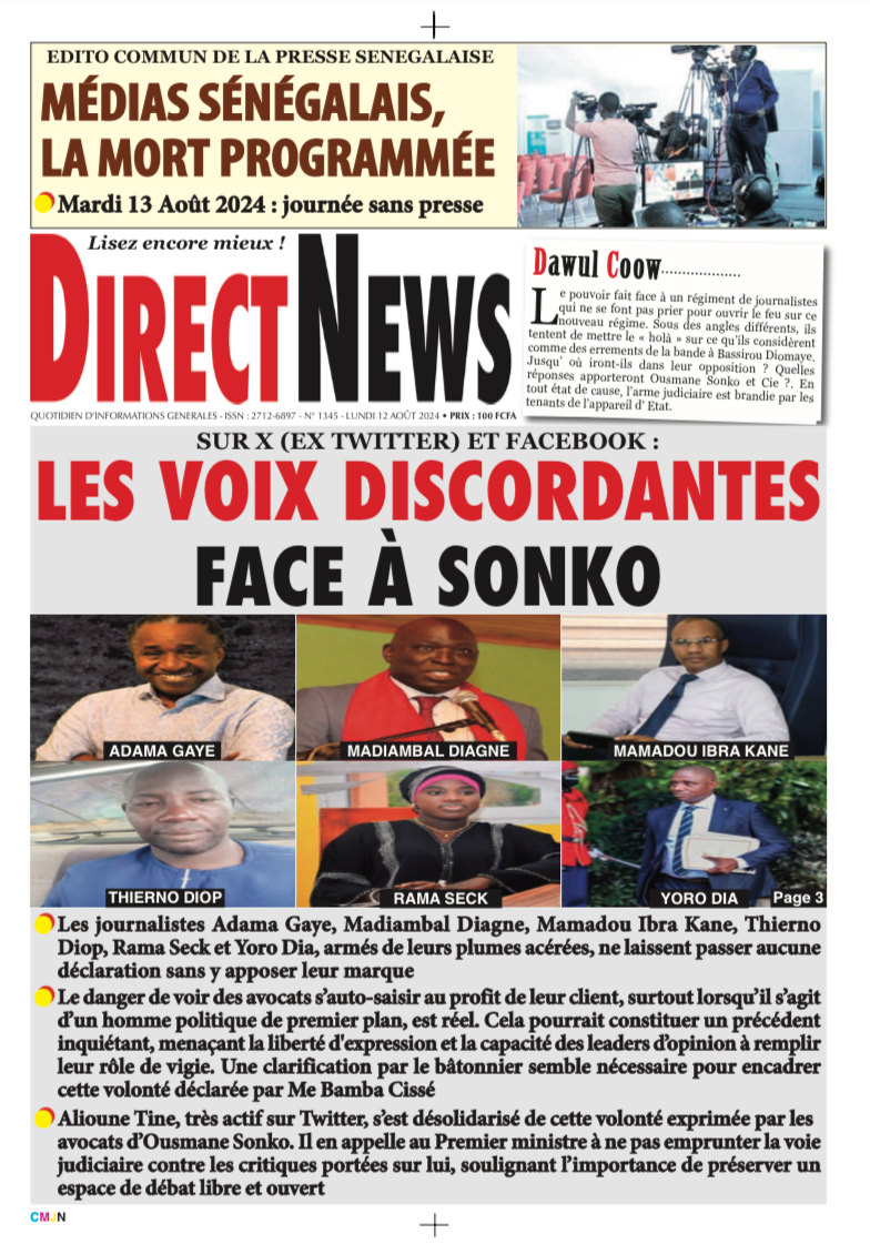 Une du journal Directnewsinfo du lundi 12 Août 2024