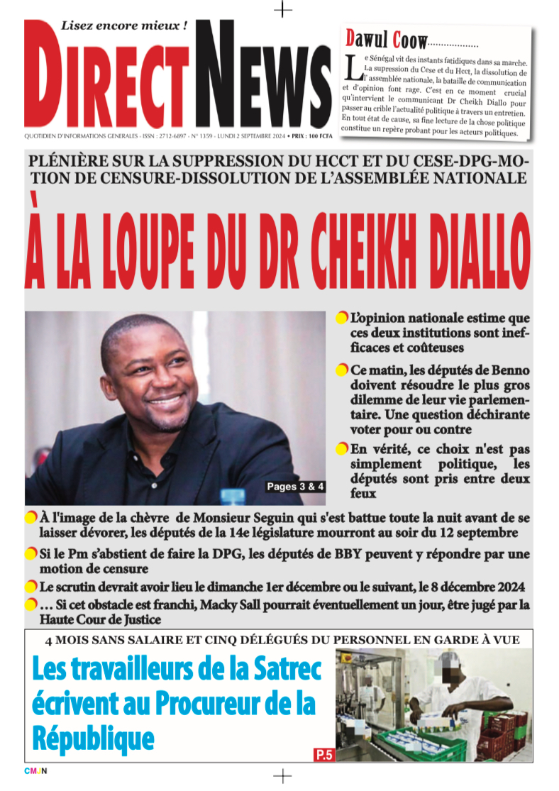 Une du journal Directnewsinfo du Lundi 02 Septembre 2024