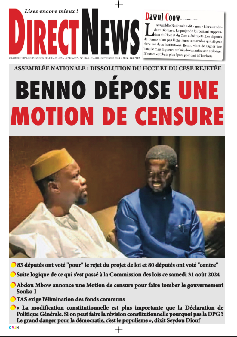 Une du journal Directnewsinfo du Mardi 03 Septembre 2024