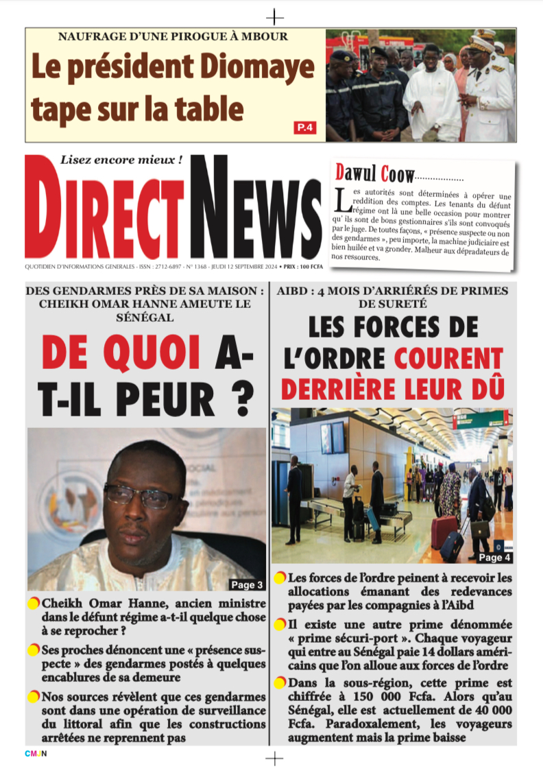 Une du journal Directnewsinfo du Jeudi 12 Septembre 2024