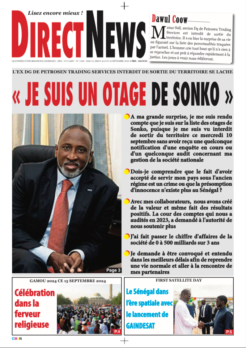 Une du journal Directnewsinfo du Samedi 14 et Dimanche 15 septembre 2024