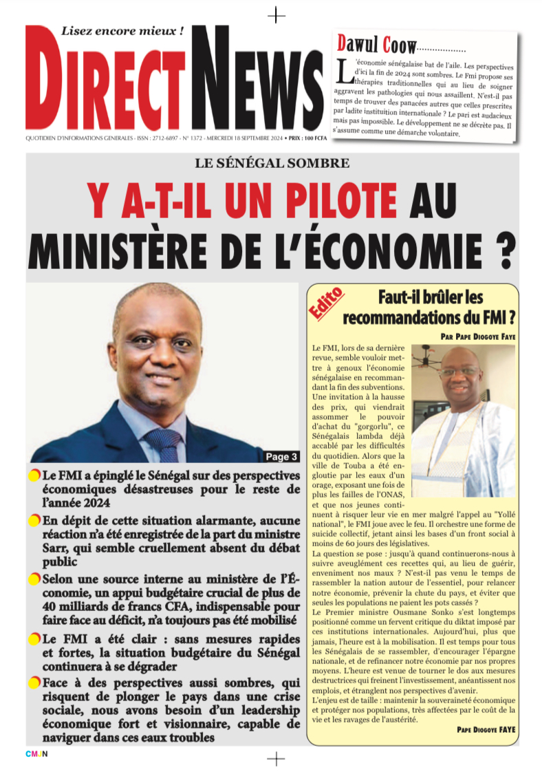 Une du journal Directnewsinfo du Mercredi 18 septembre 2024