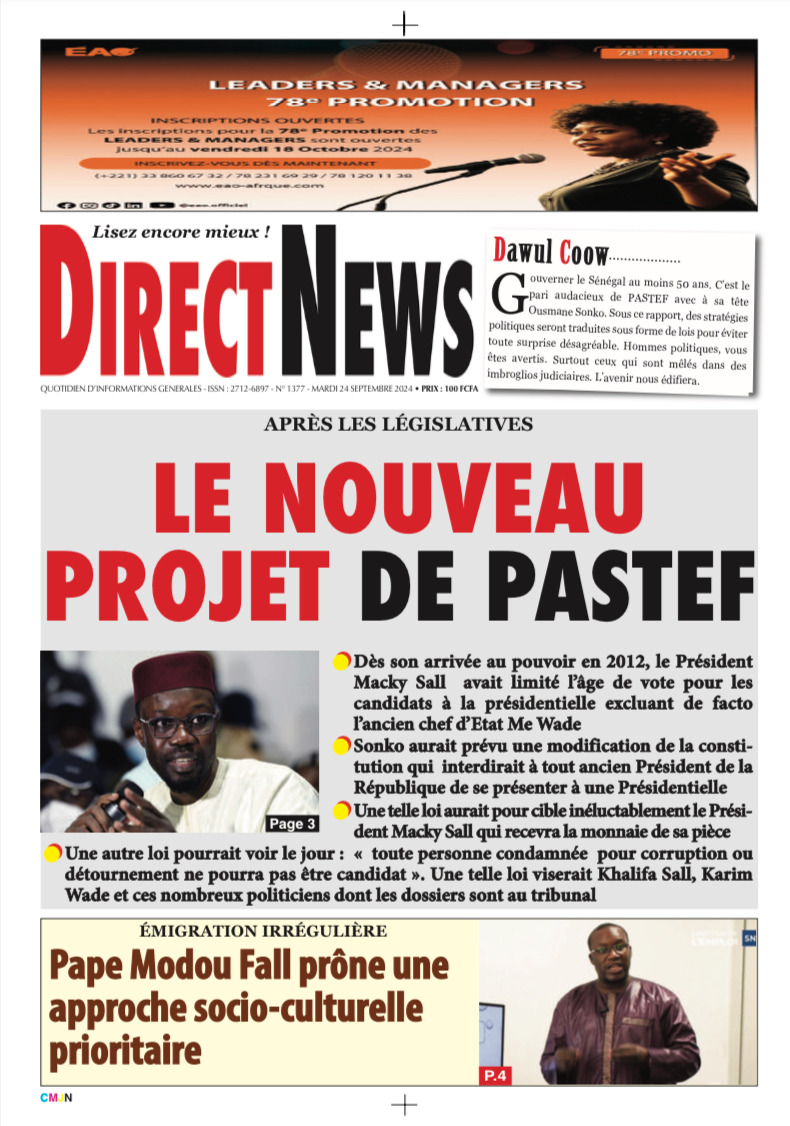 Une du journal Directnewsinfo du Mardi 24 septembre 2024