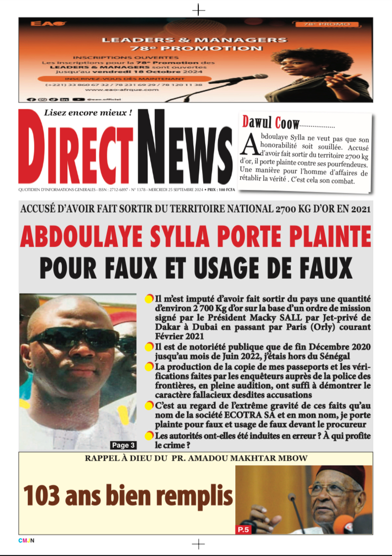 Revue de presse de la UNE de Directnewsinfo de ce mercredi 25 septembre 2024