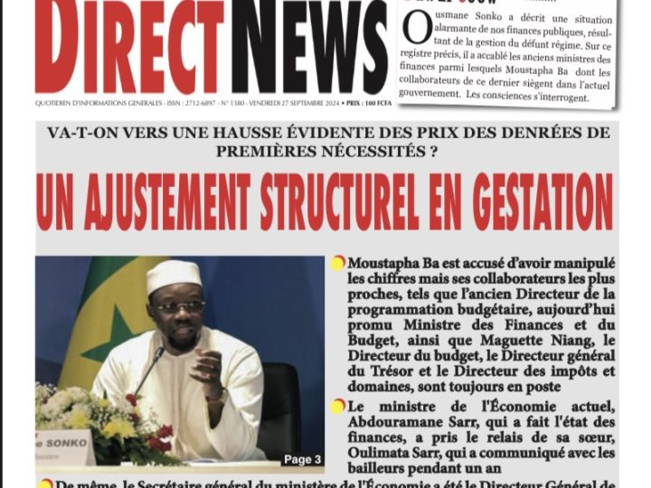 Une du journal Directnewsinfo du Vendredi 27 Septembre 2024