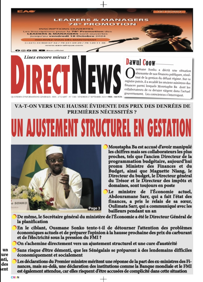 Une du journal Directnewsinfo du Vendredi 27 Septembre 2024