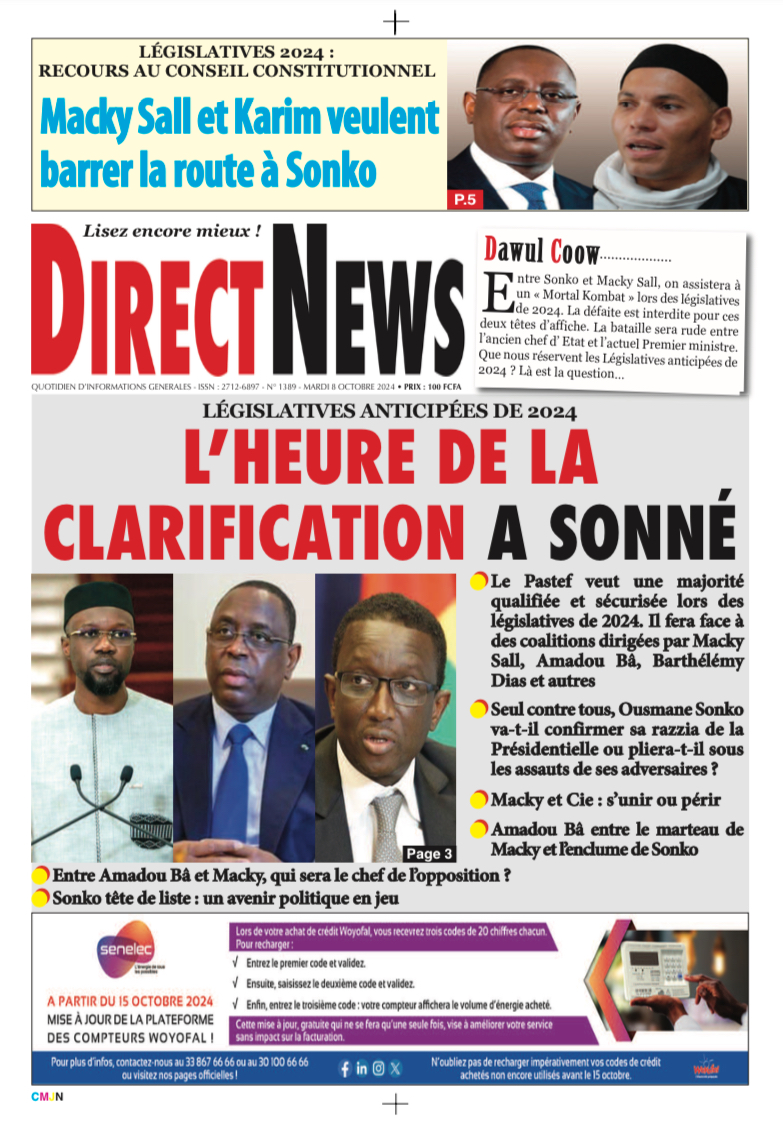 Une du journal Directnewsinfo du Mardi 08 octobre 2024