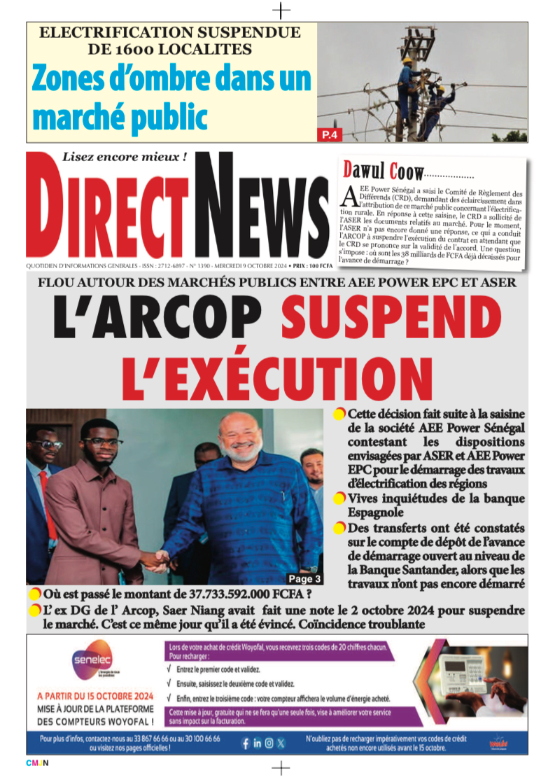 Une du journal Directnewsinfo du Mercredi 09 Octobre 2024