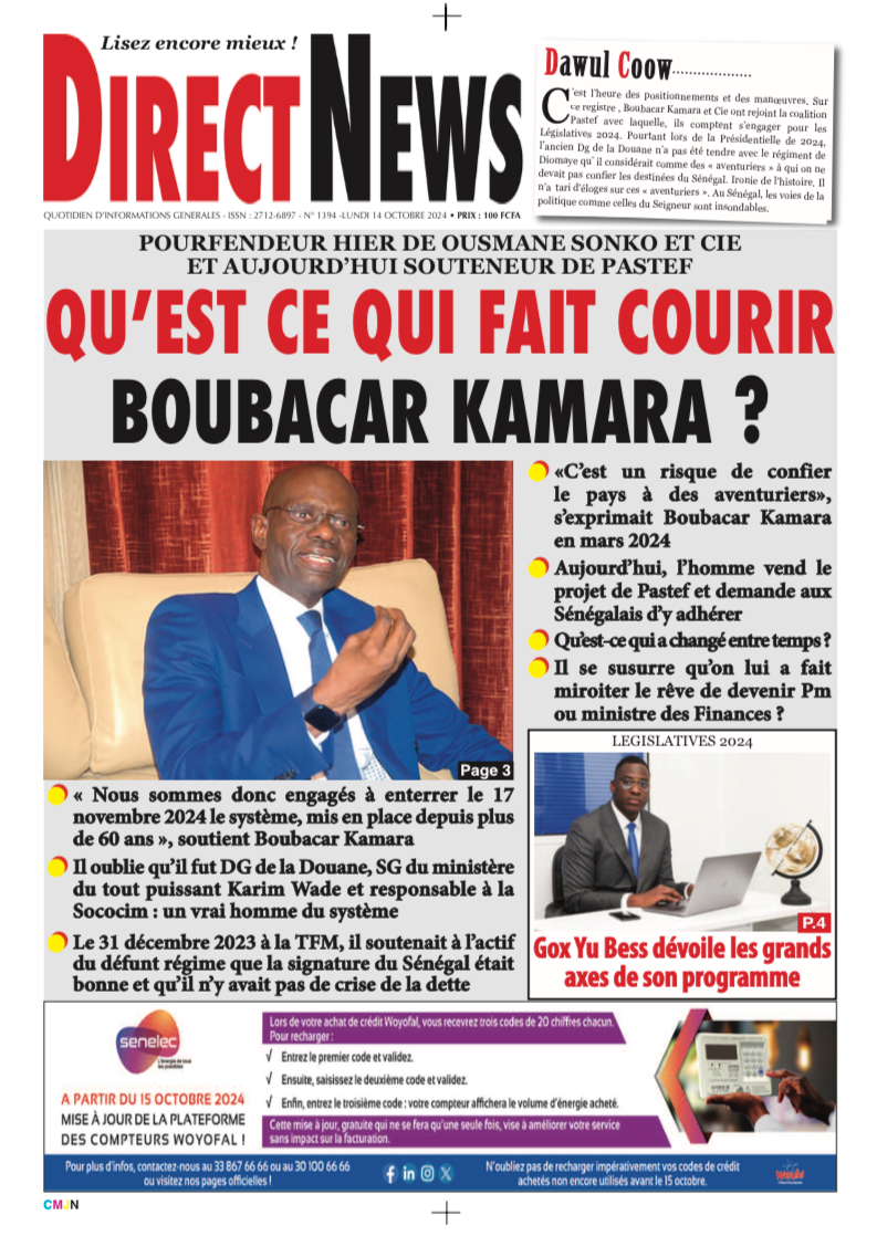 Une du journal Directnewsinfo du Lundi 14 Octobre 2024