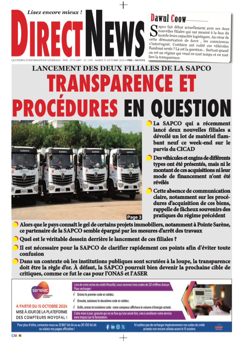 Une du journal Directnewsinfo du Mardi 15 Octobre 2025